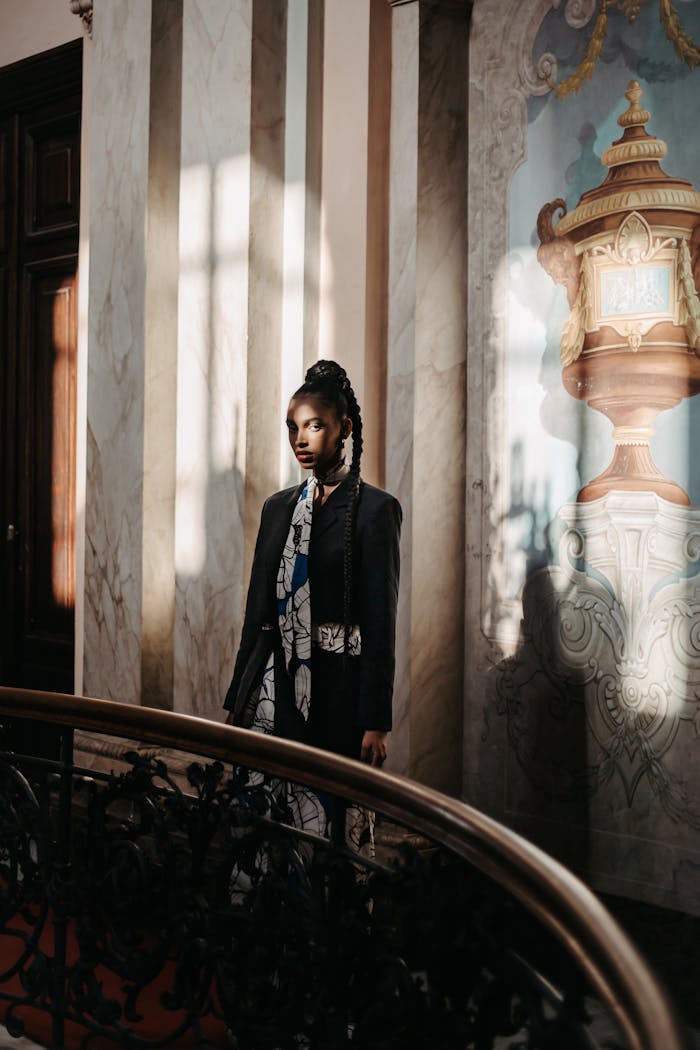 Artistic portrait of a woman in fashionable attire set indoors in a Brazilian neoclassical building.